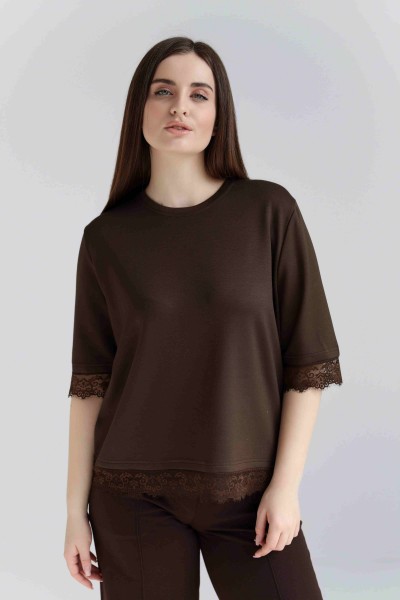 Женская кофта с кружевом М226, коричневая