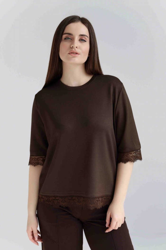 Женская кофта с кружевом М226, коричневая