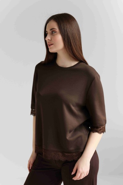 Женская кофта с кружевом М226, коричневая
