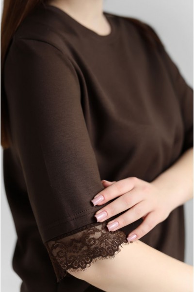 Женская кофта с кружевом М226, коричневая