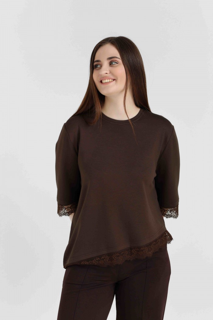 Кофта жіноча з мереживом асиметрія М227, коричневий