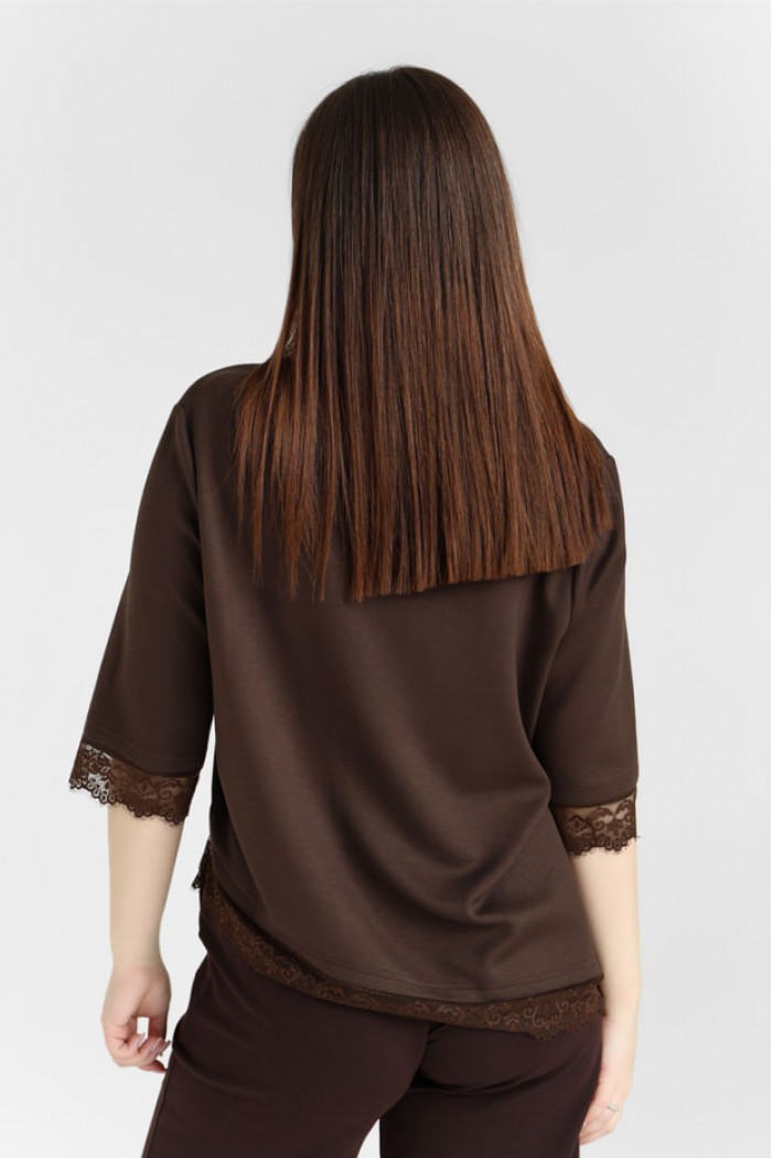 Кофта жіноча з мереживом асиметрія М227, коричневий