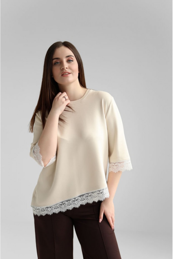 Женская кофта с кружевом асимметрия М227, таш